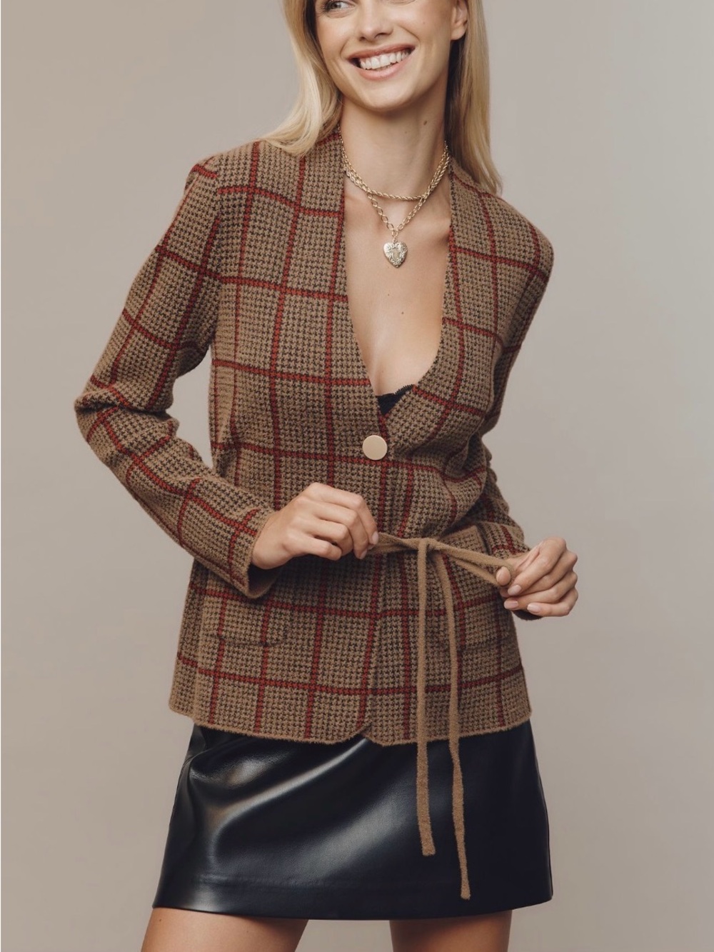 Anthropologie NVLT Houndstooth Knit Blazer Sweater Jacket Brown Red Size XL New